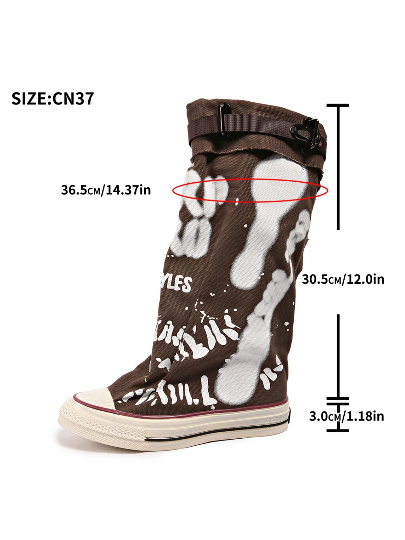 Meadow High Top Sneakers, Letter Graffiti + Buckle Design, Street Style Fullness, Fashionable PU Upper, Rubber Sole, All Seasons