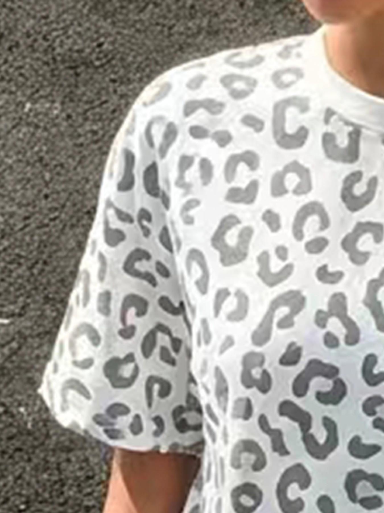 Leopard Print Short Sleeve T-Shirt and Drawstring Adjustable Wide Leg Pants Set, Casual Loose Fit Home, Multicolor, Women's Fashion