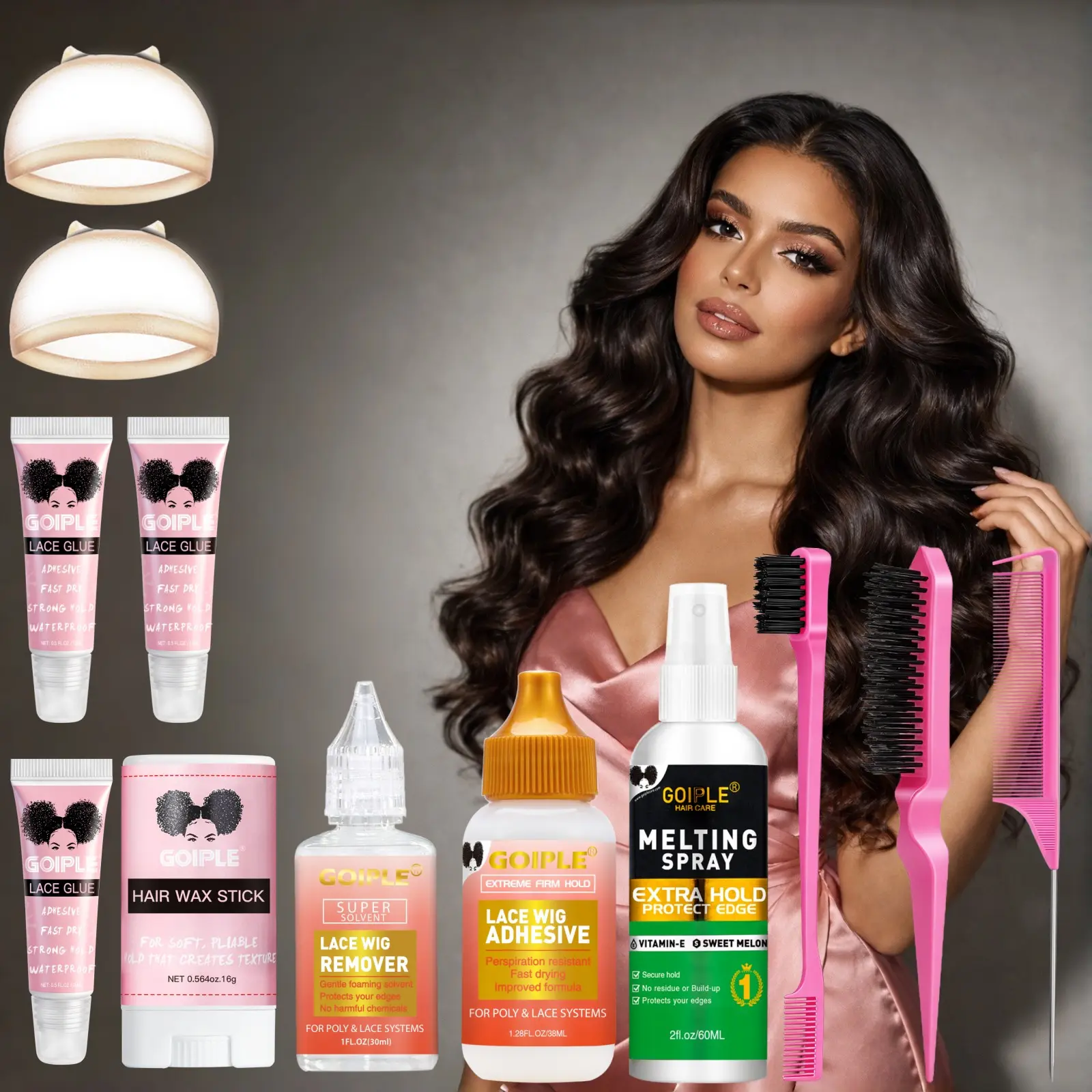 All-in-One Lace Front Wig Install Kit, Extra Hold Melting Spray, Lace Adhesive Glue & Solvent Remover, Lace Glue Tubes, Edge Wax Stick, Wig Caps & Styling Brushes Set, Sweatproof Fast Dry Lace Glue for Undetectable Natural Hairline Wig Melting Routine