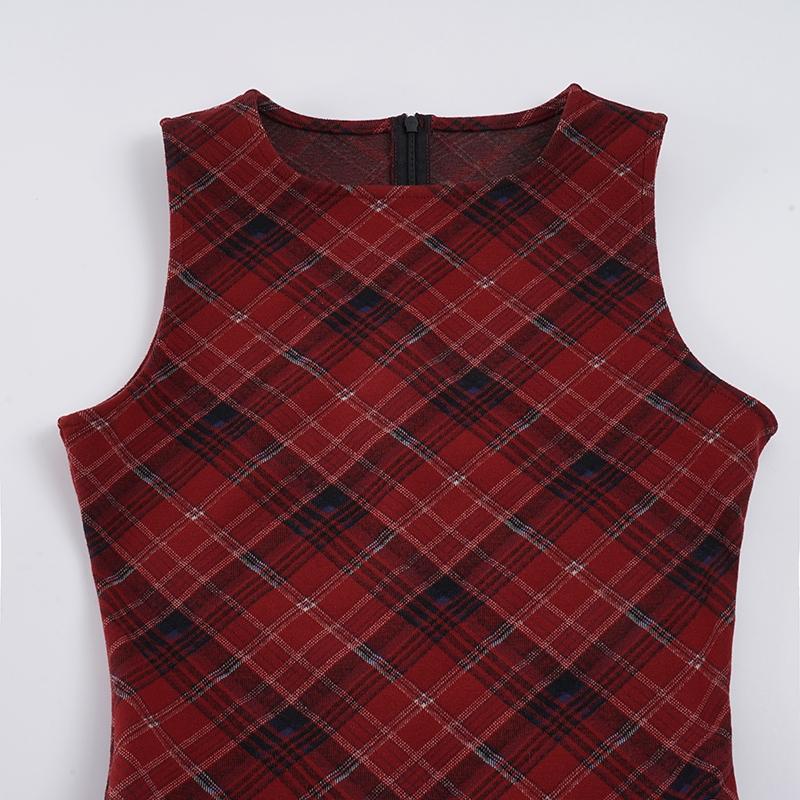 Cute Plaid Round Neck Sleeveless Vest Dress Y2K Style, Adorable Schoolgirl Look, Patchwork Pleated Wool Spring Dress