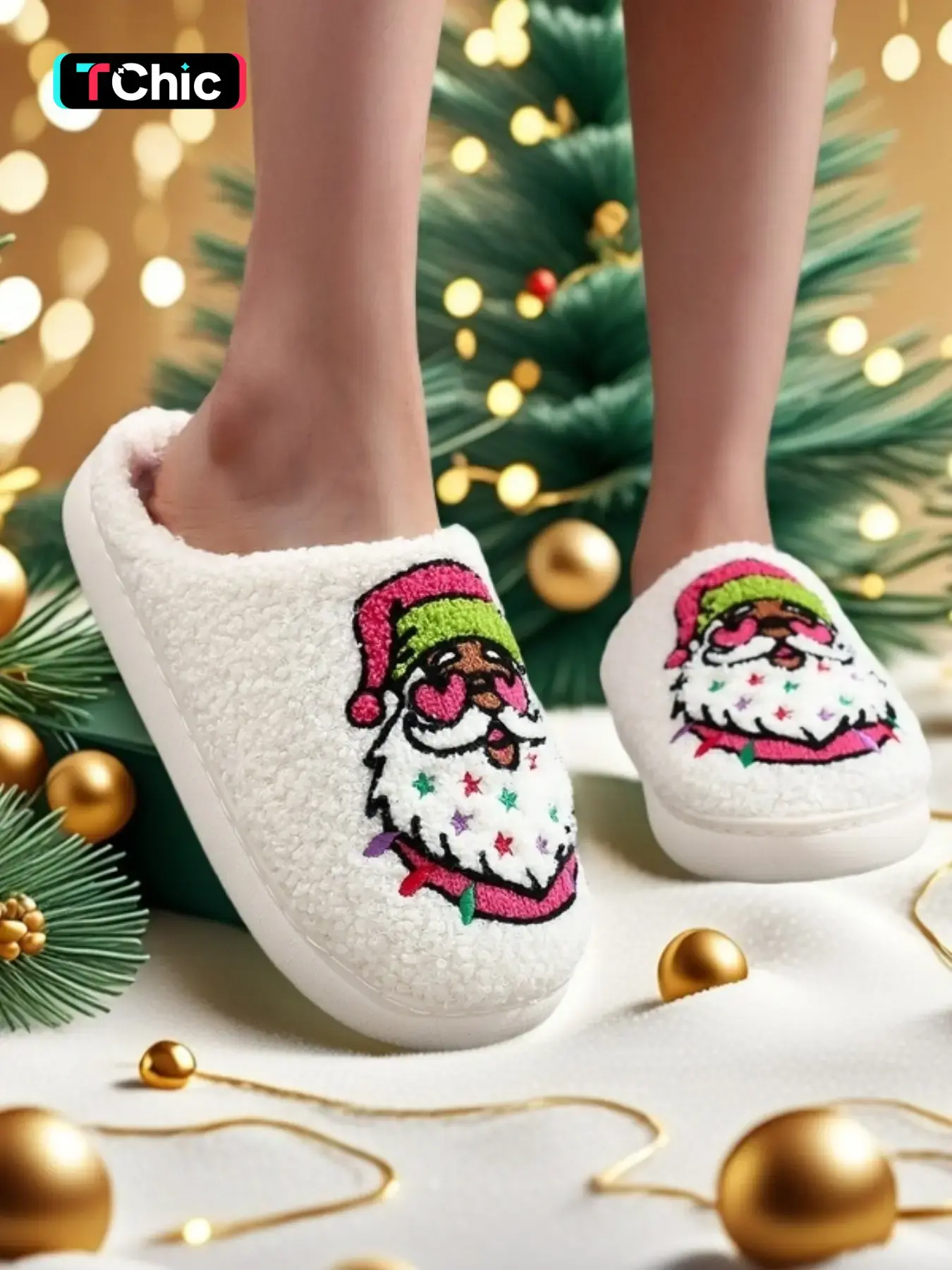 Women's Cute Cartoon Santa Claus  Design Plush Slippers, Casual Soft Comfortable Home Slippers, Fashionable Slippers for Indoor & Outdoor Wear