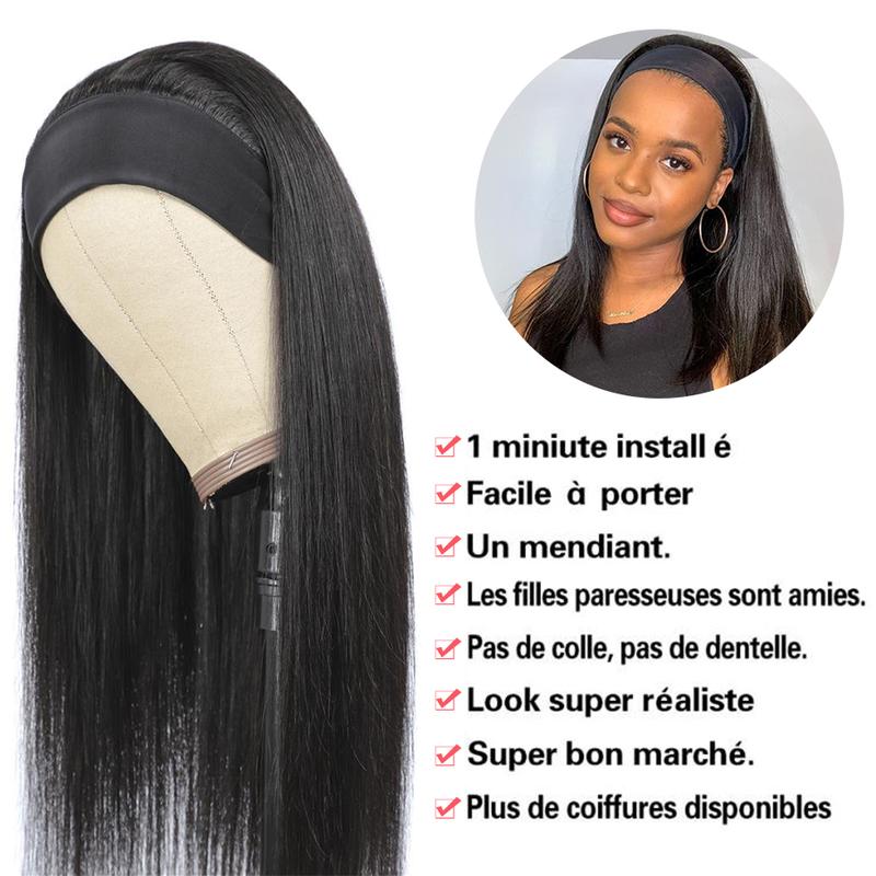 Bling Hair Straight Headband Human Hair Wig Black Heat Hair Women's Headband Wig Full Wigs Women For Daily Use 180 Density 14 to 26 Inches