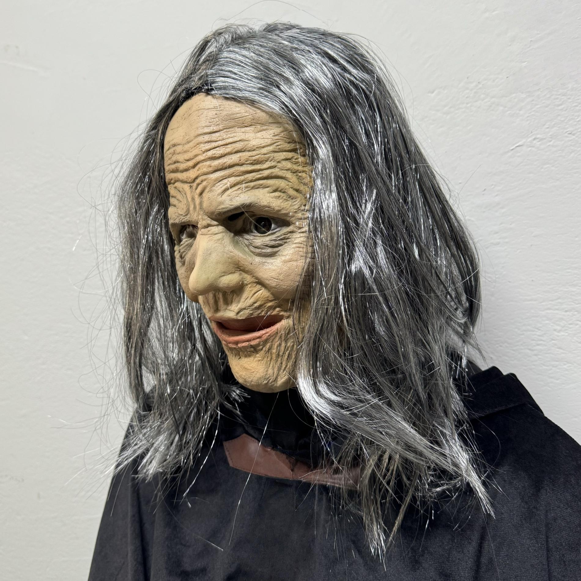 Scary Old Witch Latex Mask – Creepy Grandma Costume With Black Eyes And Grey Hair For Halloween Horror Cosplay Party Adults Masquerade Prop