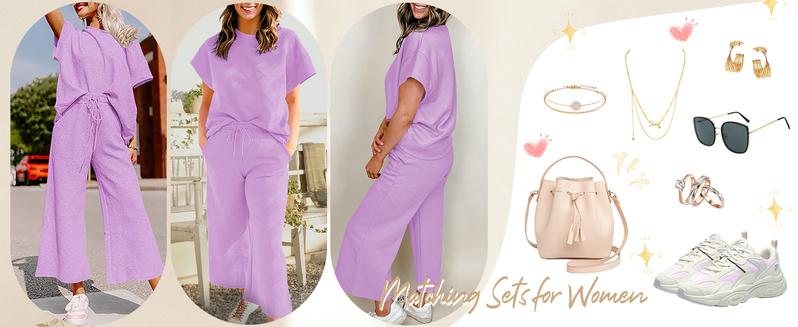 Fisoew Womens 2 Piece Outfits Sweatsuit Short Sleeve Tops and Drawstring Waist Cropped Wide Leg Pants Loungewear Sets