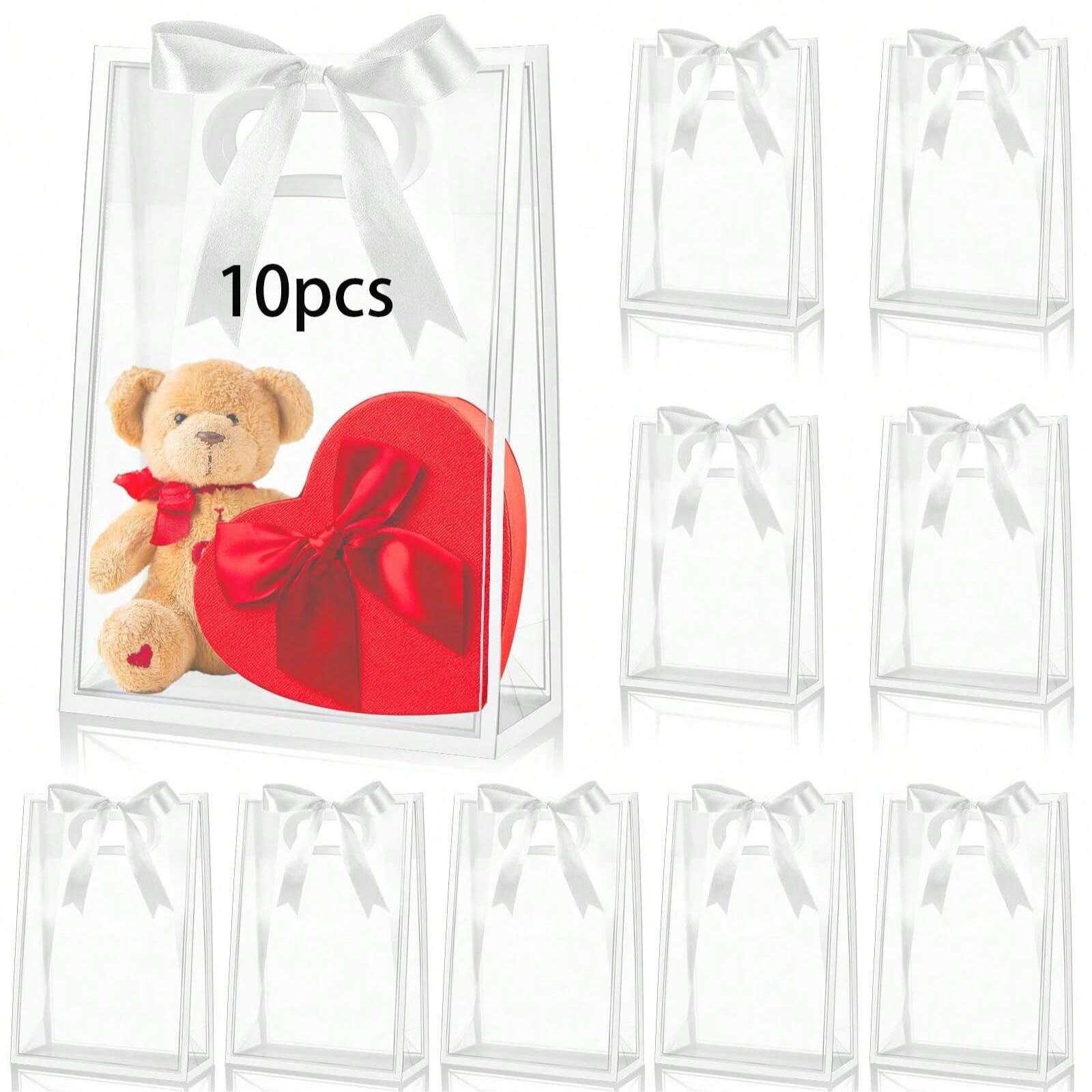 10 Transparent Plastic Gift Bags, PVC Clear Tote Bags with Ribbon, Waterproof Reusable, Ideal for Holidays and Events
