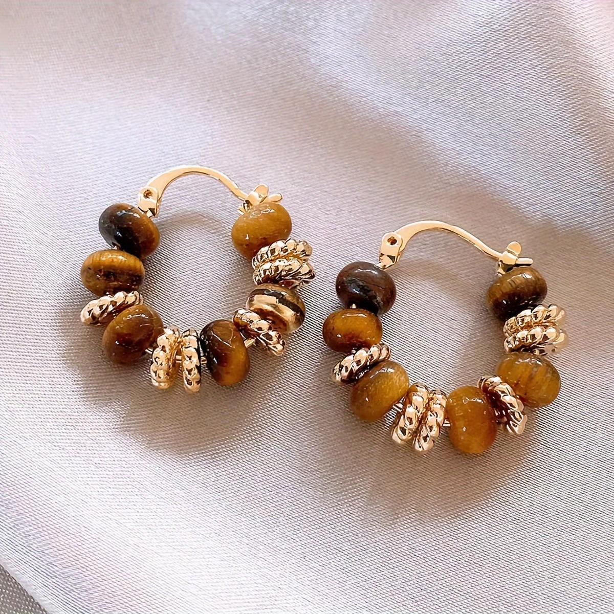 1 Pair Vintage Elegant Natural Stone Tiger Eye Beads Hoop Earrings for Women Festival Birthday Dating Prom Evening Party Holiday Daily Commute Additions