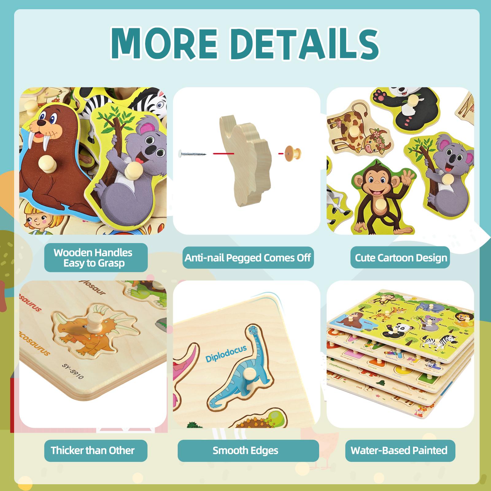 edutree 5pcs Wooden Peg Puzzles for Toddlers 1 2 3 4, 6 Pack Educational Peg Puzzles Montessori Toys, Learning Puzzles for Kids Girs Boys with Alphabet Number Animal Vehicle Shape, Halloween gift