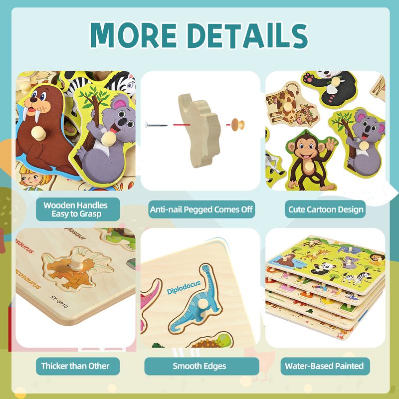 edutree 5pcs Wooden Peg Puzzles for Toddlers 1 2 3 4, 6 Pack Educational Peg Puzzles Montessori Toys, Learning Puzzles for Kids Girs Boys with Alphabet Number Animal Vehicle Shape, Halloween gift