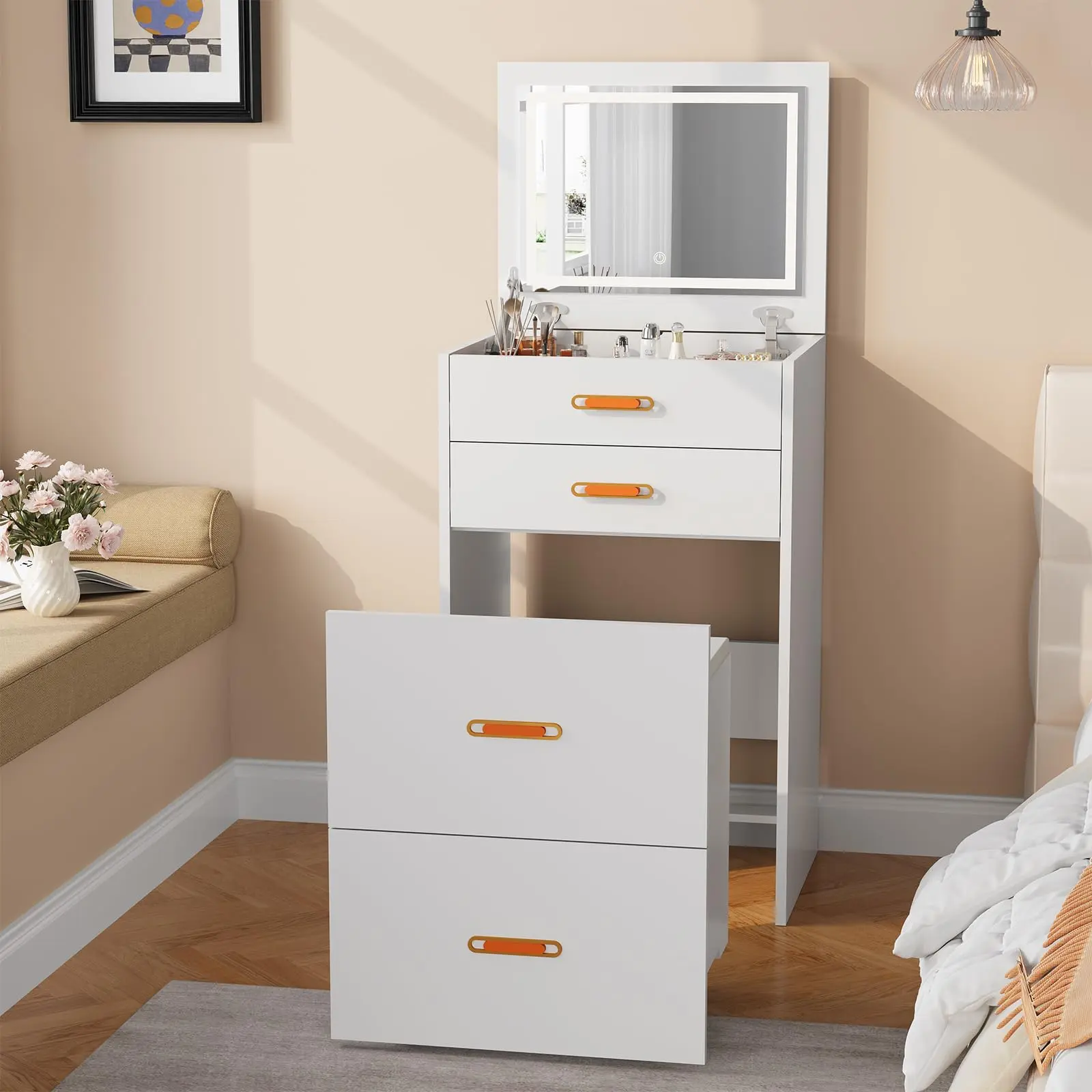 Garvee Compact 3-in-1 Dressing Table for Bedroom – Makeup Desk with Flip Mirror, LED Lights, Drawer, and Padded Rolling Stool with Storage – White Color