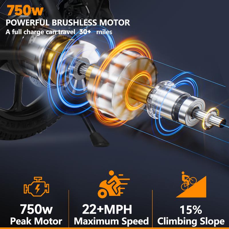 750W Folding Electric Bicycle with Removable Battery, Top Speed of 22+MPH, Range of 30+ Miles, 4 Riding Modes, Ideal for Commuting.