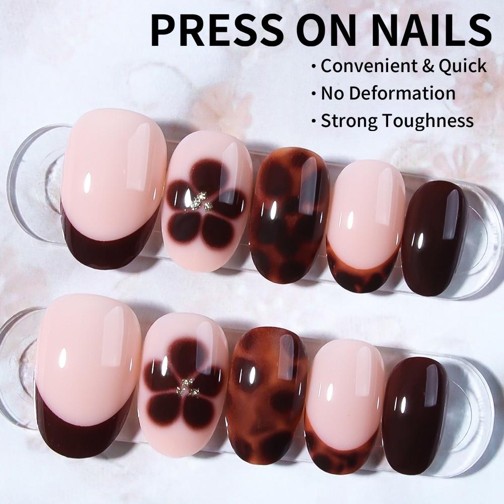24pcs Oval Press-On Nails, Leopard French & Flower Designs, Autumn Winter Acrylic False Nails Set, Easy Wear for Women and Girls