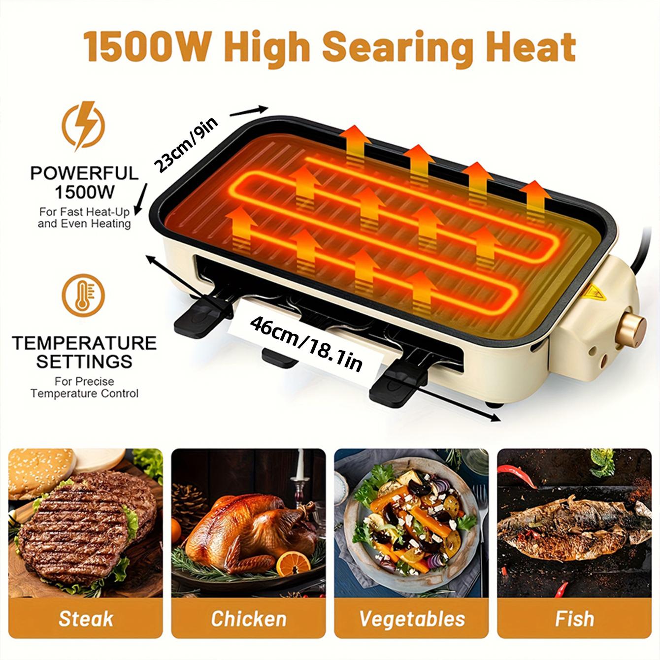 Indoor Smokeless Grill, Non-Stick Cooking Removable Plate, 1500W, Dishwasher Safe, Suitable for Grilling, Roasting & Frying