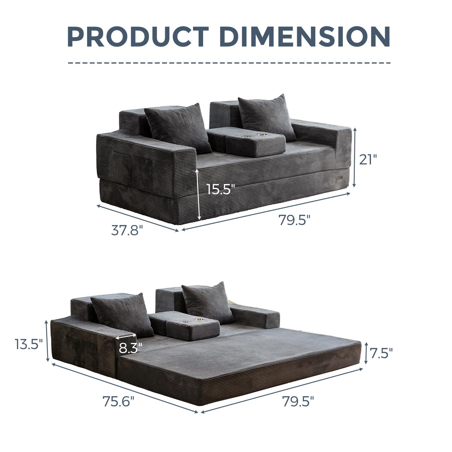 MAXYOYO Convertible Sofa Bed, 4-in-1 Corded Foldable Floor Sofa Couch, Convertible 3-Seater Boneless Couch with Cup Holders for Small Spaces, No Assembly Needed