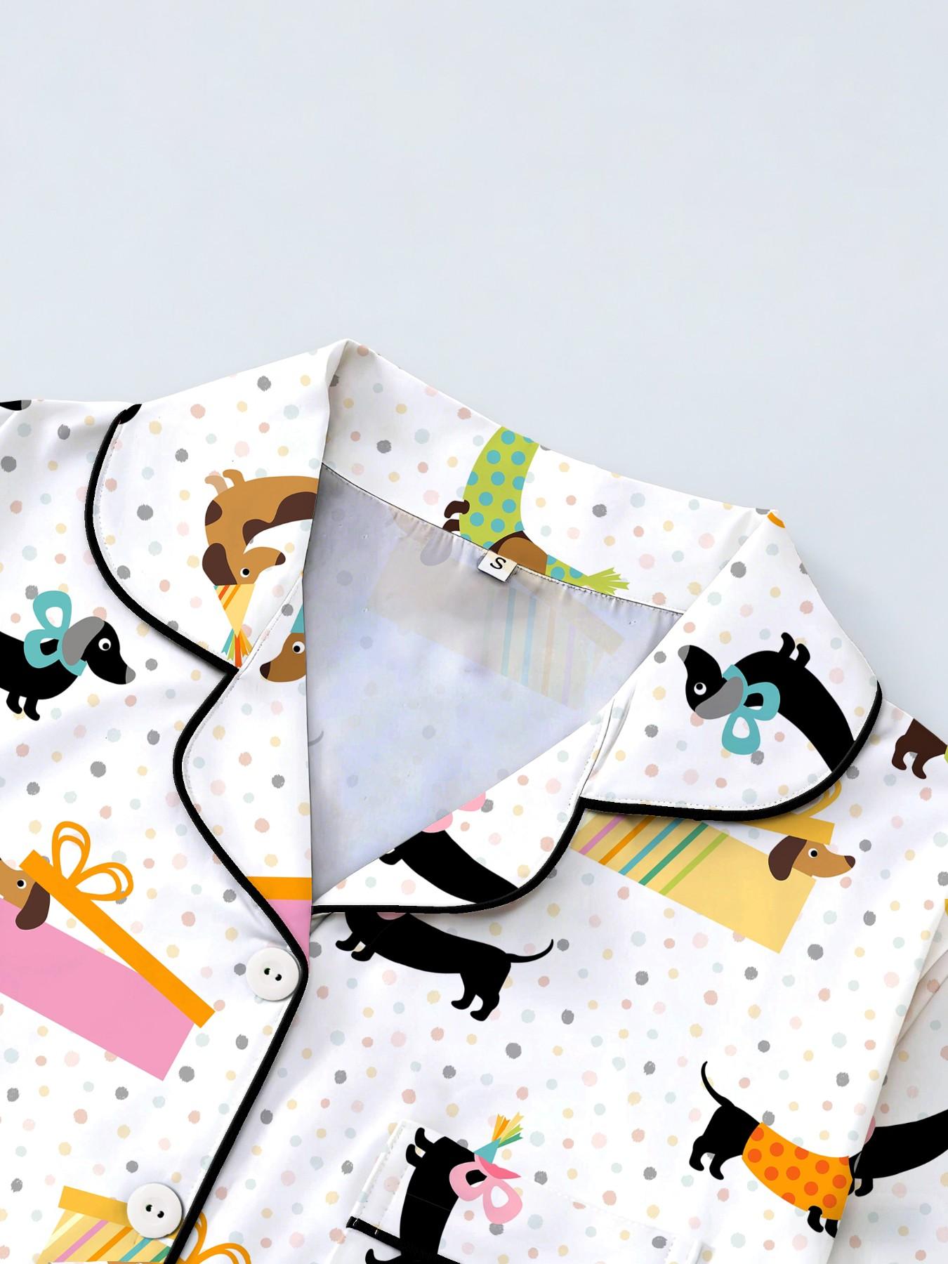 Women's Short Sleeve Button Down Top and Shorts Pajama Set, Spring Summer Wear, For Cute Girls, White Base Adorable Party Dog Print, Classic Lapel Collar, Loose Fit, Comfortable For Home & Gatherings