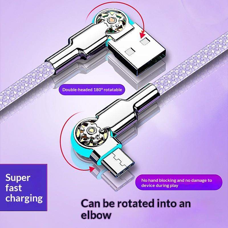 Dual Bend Head Rotating Type-C Super Fast Charging Data Cable for Apple Huawei Honor Vivo Android Phones, High-Speed USB Charger Wire