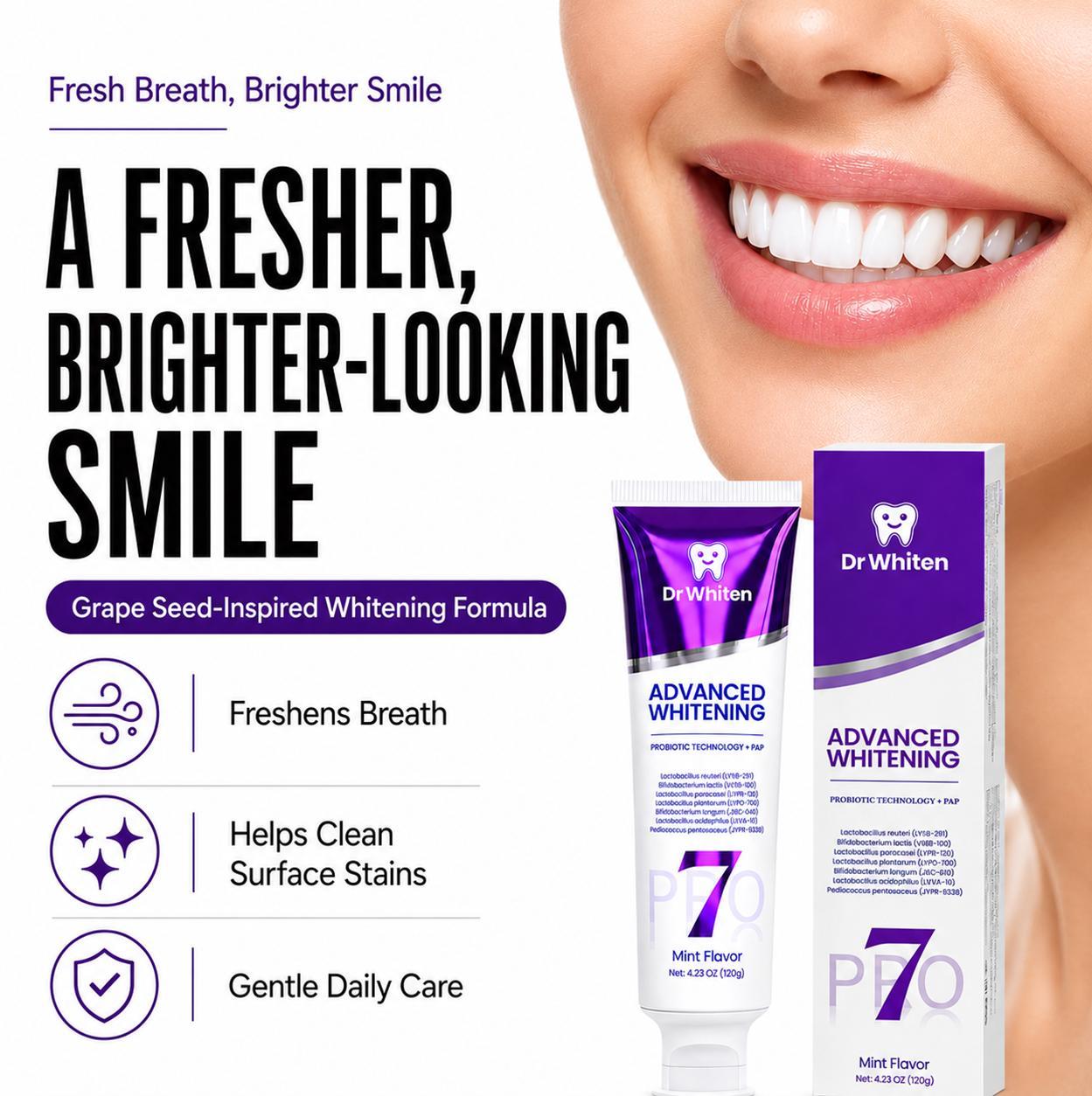 7-Pro Purple Color-Correcting Toothpaste, PAP Color Correcting Formula, 7 Probiotic Strains, Peroxide Free Mint Grape Toothpaste, Helps Clean Surface Stains Oral Whitening