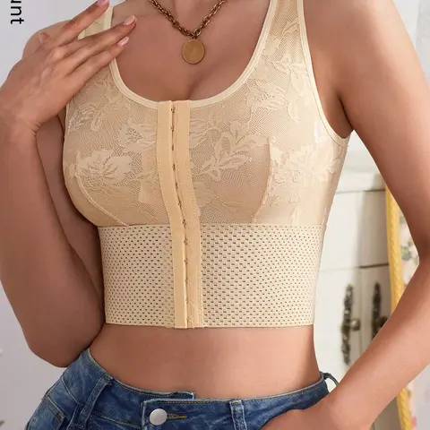 Women's Multi-Functional Medium Shapewear Floral Tank Top Bra, Front Buckle Gathered Bra Vest, No Underwire, Abdominal Control, Casual Daily Wear