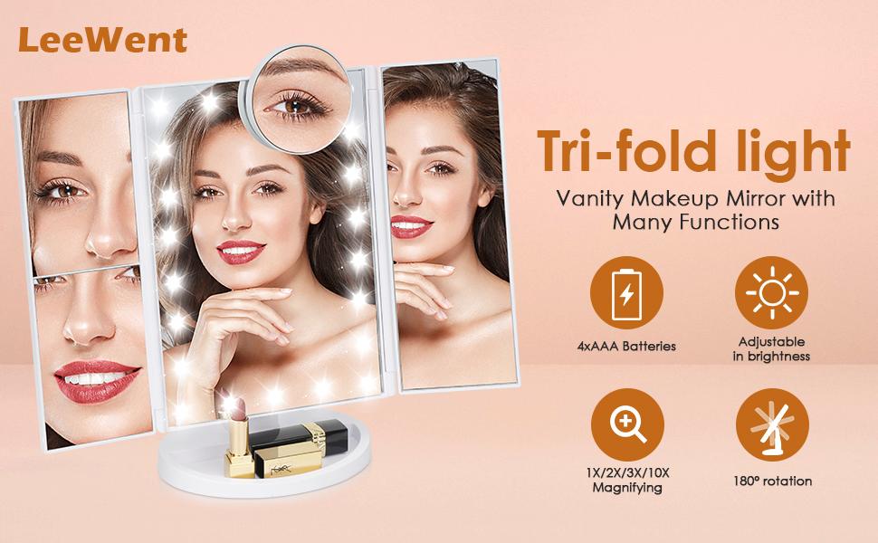 New Year Gift   Makeup Mirror Vanity Mirror with Lights, Bathroom Adjustable Brightness Mirrors 1X/2X/3X/10X Magnification and Touch Screen Trifold Makeup Mirror Two Power Supply Modes Women Gift White Decor Christmas