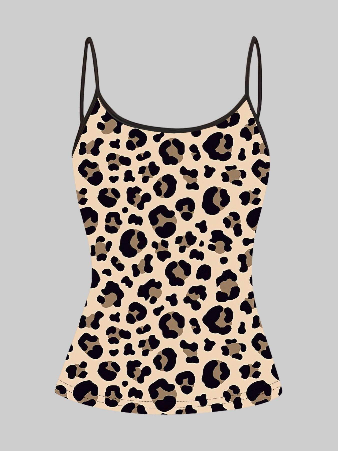 Classic Leopard Print Strappy Top, Summer Home Sleepwear Outerwear, Unique Slim-Fit Shirt Set of Four Pieces, Casual Style