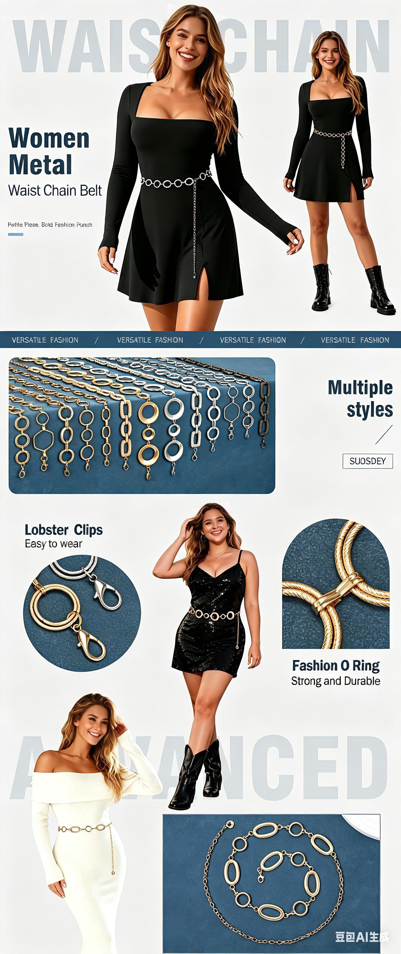 Women's Waist Chain, Gold-Plated Alloy Multilayer O-Ring Link Belt, Adjustable Design Belt for Dresses, Jeans & Club Outfits, Adjustable Strap Belt
