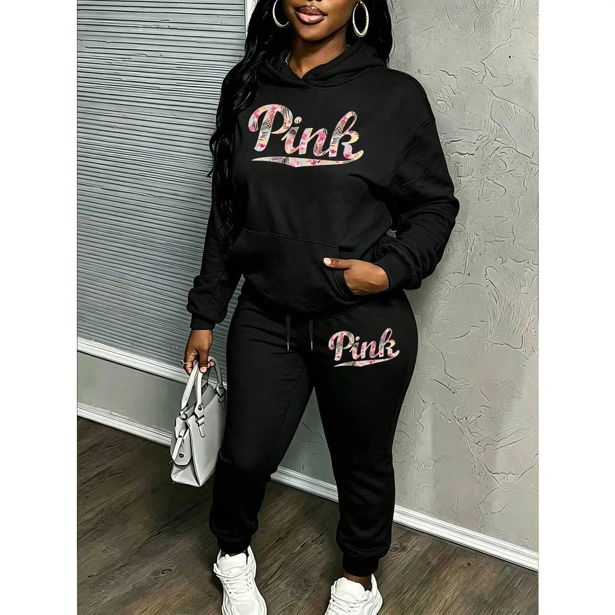 Women's 2-Piece Letter Graphic Print Long Sleeve Hooded Sweatshirt & Sweatpants Set - Lady's Casual Fall Clothes for Women