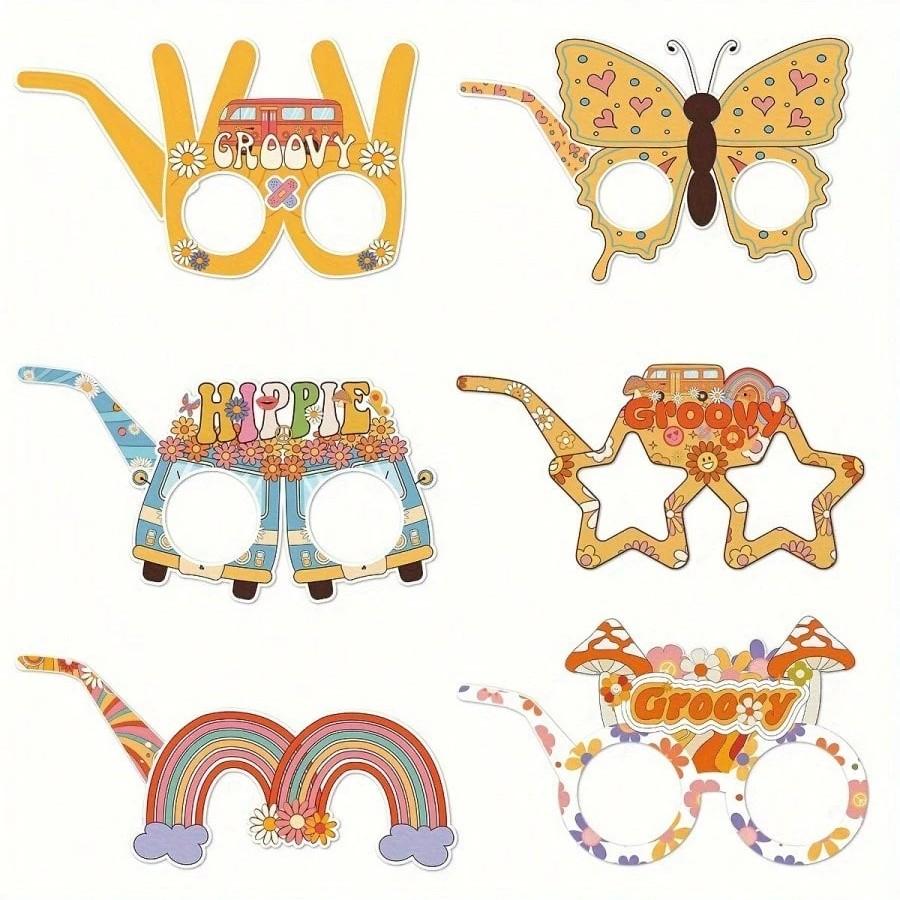 12 Pieces Hippie Theme Retro Paper Glasses, Fun Party Colorful Decorative Eyewear, Perfect for Birthday Vintage Party Decoration