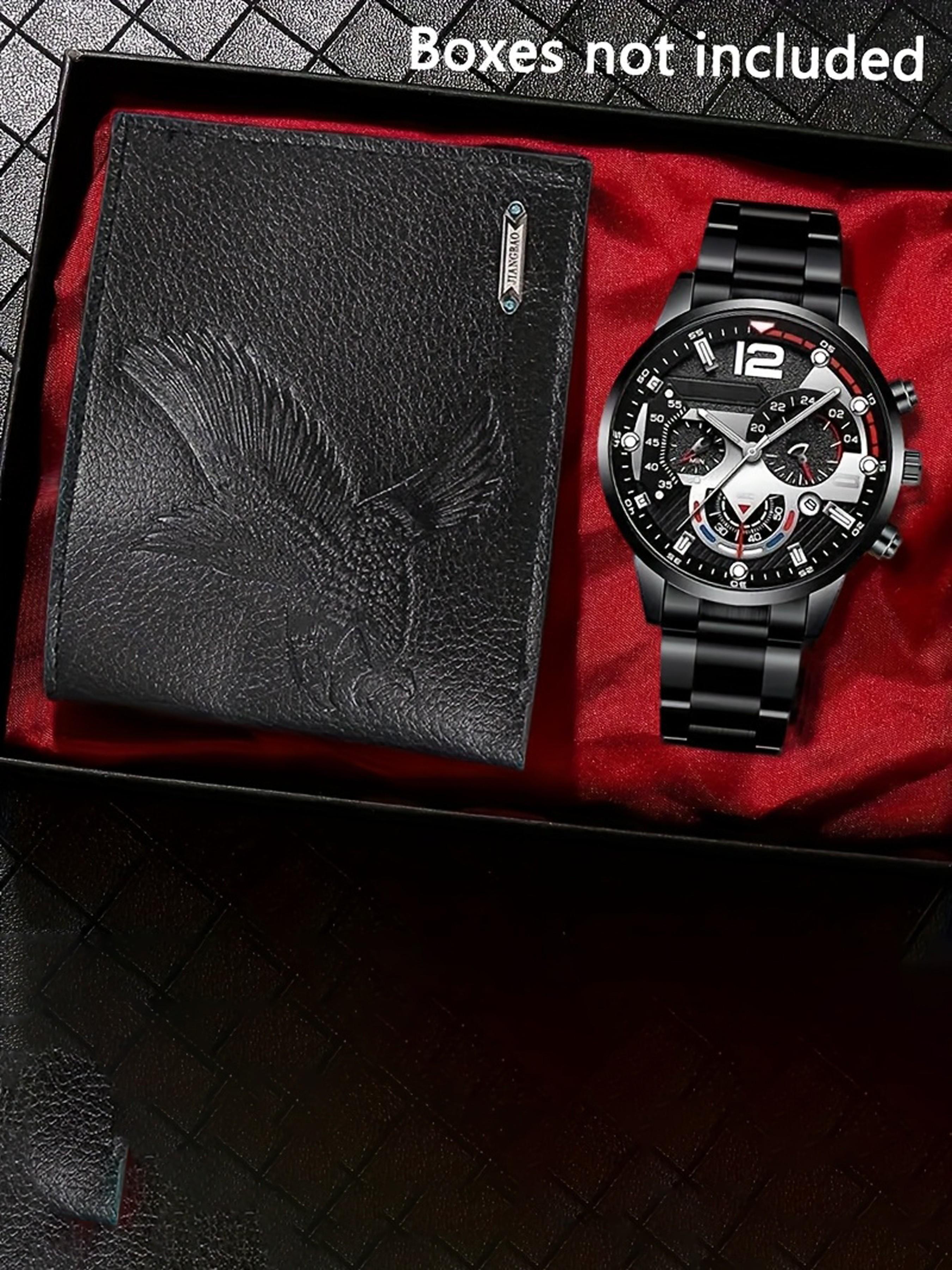 Men's Luxury Steel Watch Keychain Wallet Set, Analog Quartz Movement, Elegant Gift Box, Perfect for Christmas Valentine's Day Birthday