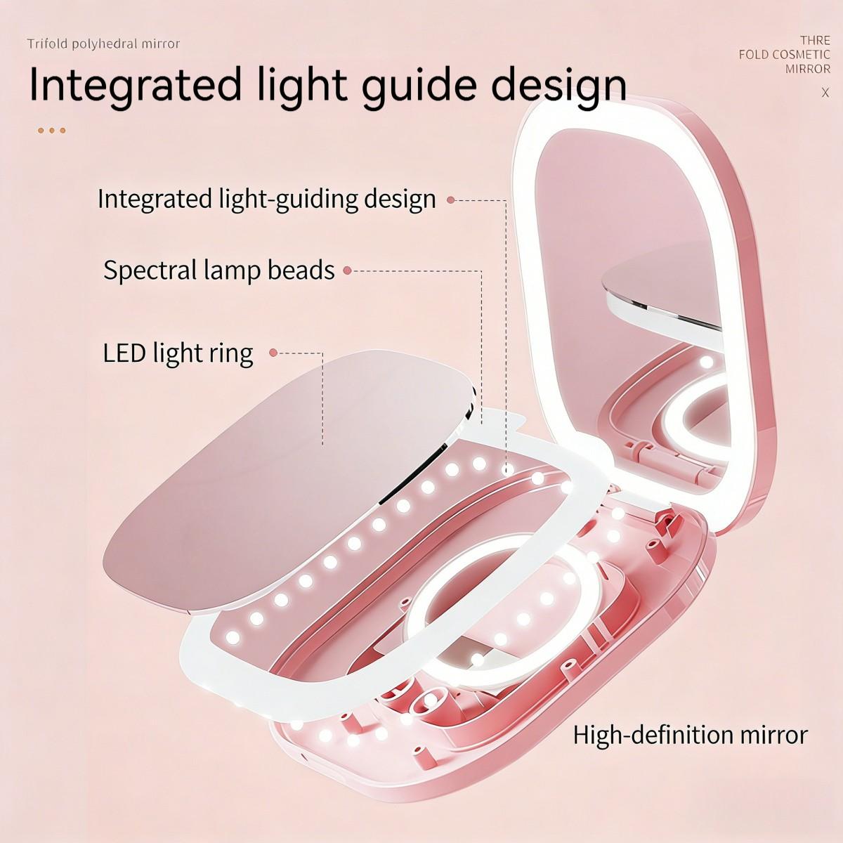 Portable LED Makeup Mirror, Single-Sided with Light, Three-Color Light, Foldable Handheld USB Charging Mini Makeup Mirror, Compact Desktop Vanity Mirror