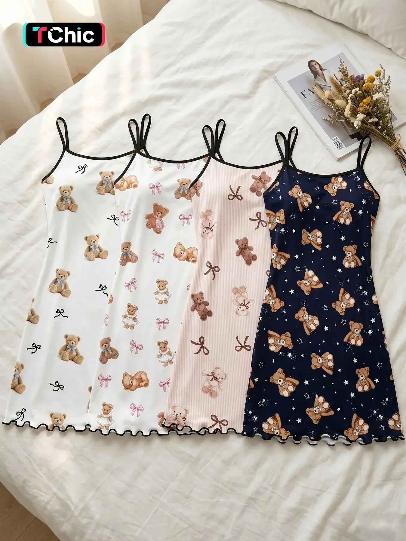 Women's 4 Pack Slip Spaghetti Strap Nightgowns, Nightwear, All Season Wear, Teddy Bear Bow Star Print Ruffle Hem, Cute Teddy Bear Aesthetic, Loose Breathable for Home & Casual Wear