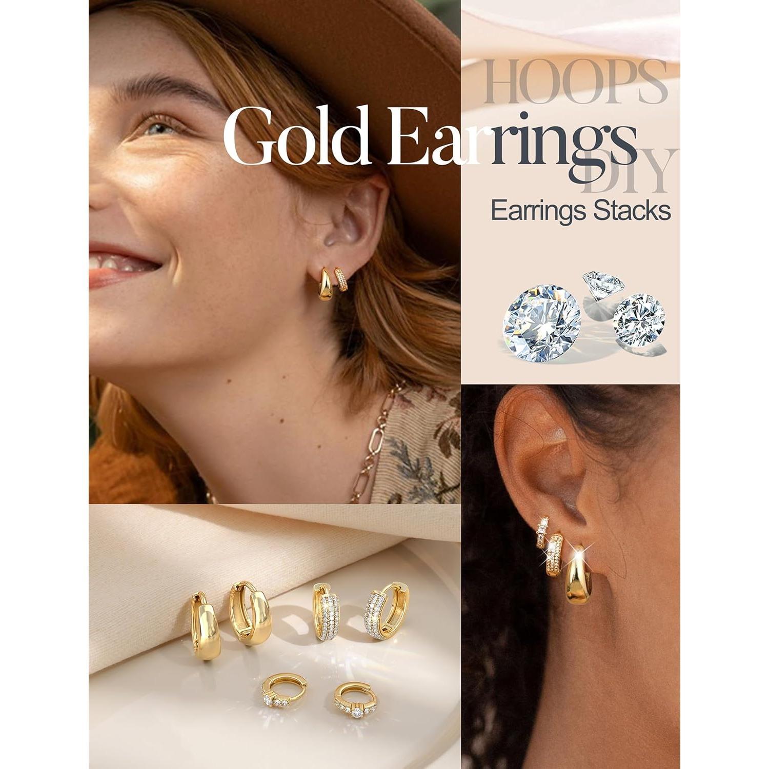 3 Pairs Small 14K Gold Plated Chunky Hoop Earrings for Women Hypoallergenic Silver Earrings Set for Sensitive Ears Non Tarnish Huggie Hoops Earring Stacks for Multiple Piercing Jewelry Gifts