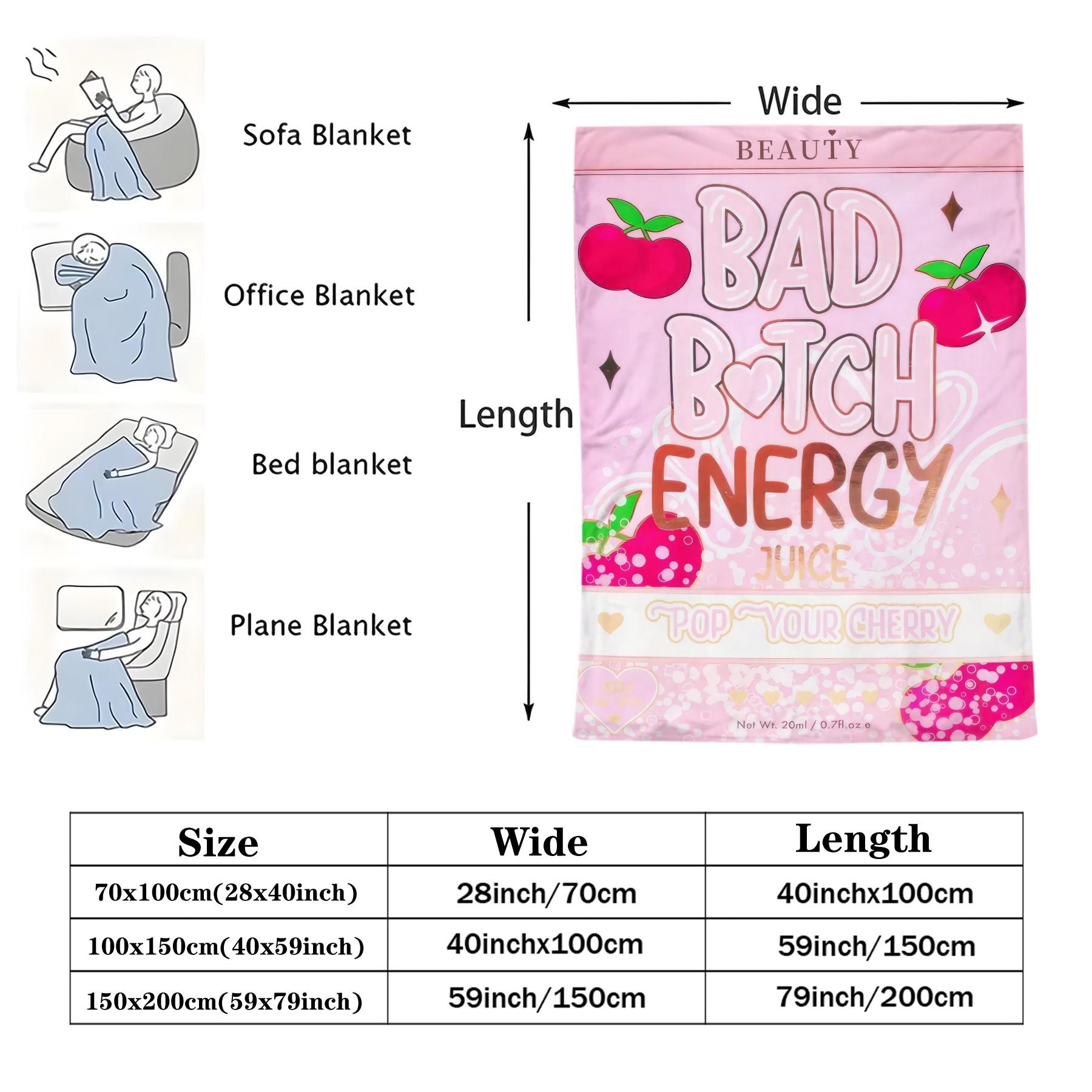 Bad Bitch Energy Flannel Blanket, Y2K Coquette Funny Slogan Cherry Popsicle Throw Blanket, Ultra Soft Warm Blanket for Teen Girls Women, Cute Girly Aesthetic Gift Blanket, Cozy for Couch Bed Sofa Bedroom Dorm