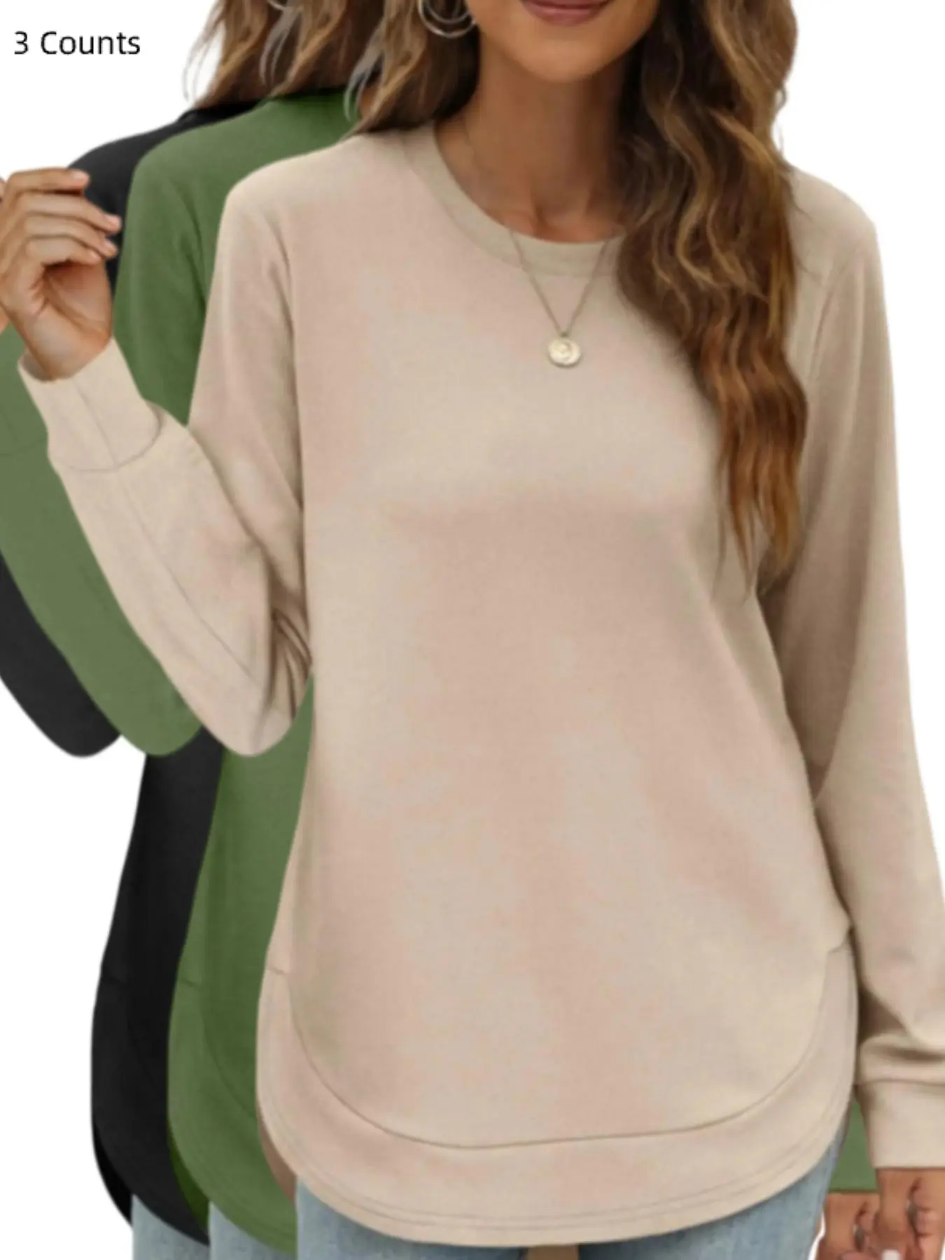 Women Crew Neck Long Sleeve Sweatshirt, Curved Hem Drop Shoulder, Loose Casual Solid Pullover Top, Plain Surface