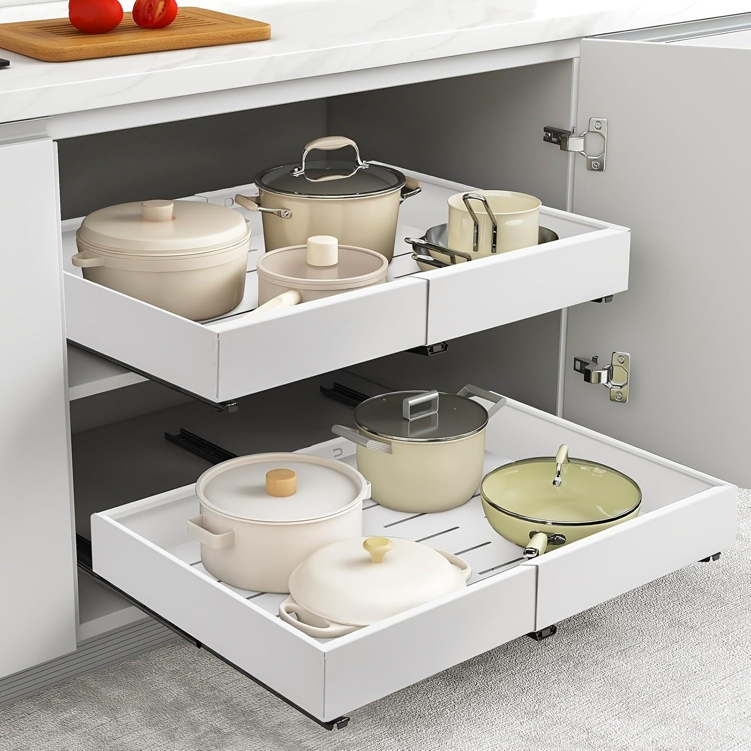 Adjustable Pull-Out Drawer Organizer, Expandable Kitchen and Bathroom Storage Cabinet with Adhesive, Easy Installation, Space-Saving Sliding Shelves