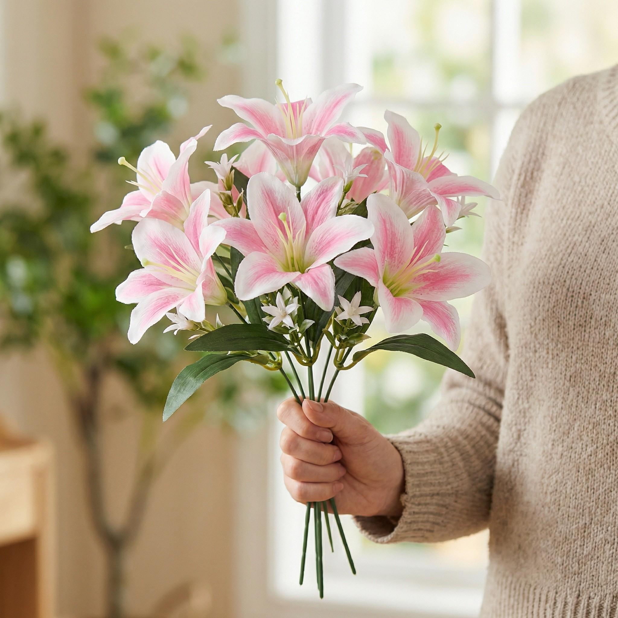 5-Piece Artificial Lily and Star Gazer Bouquet, Plastic Floral Arrangement, Decorative Handheld Flower Bundle, Realistic Fake Flowers