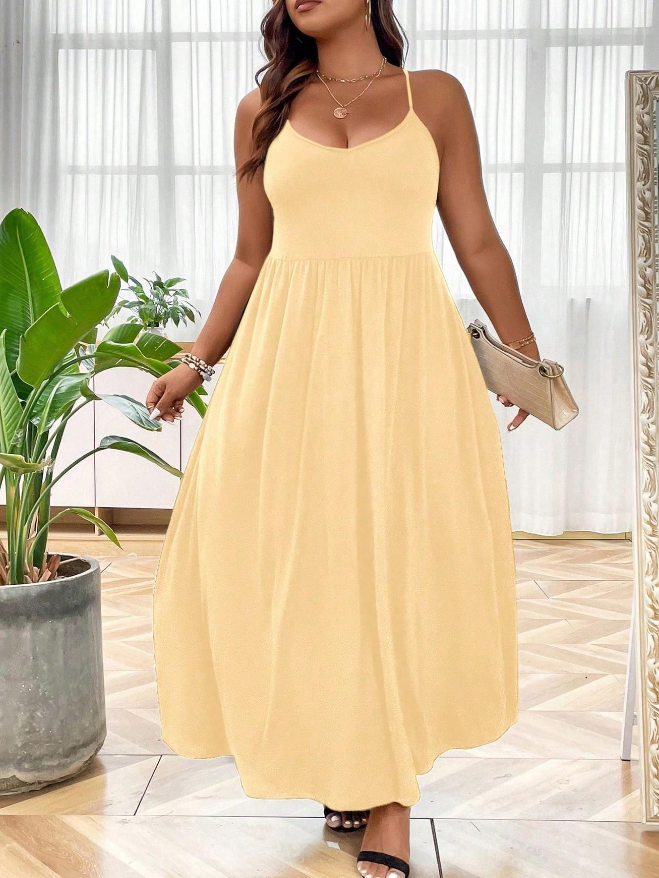Plus Size Criss Cross Backless Cami Dress, Casual Solid Sleeveless Spaghetti Strap A-Line Dress for Summer, Women's Clothes for Party Holiday Womenswear