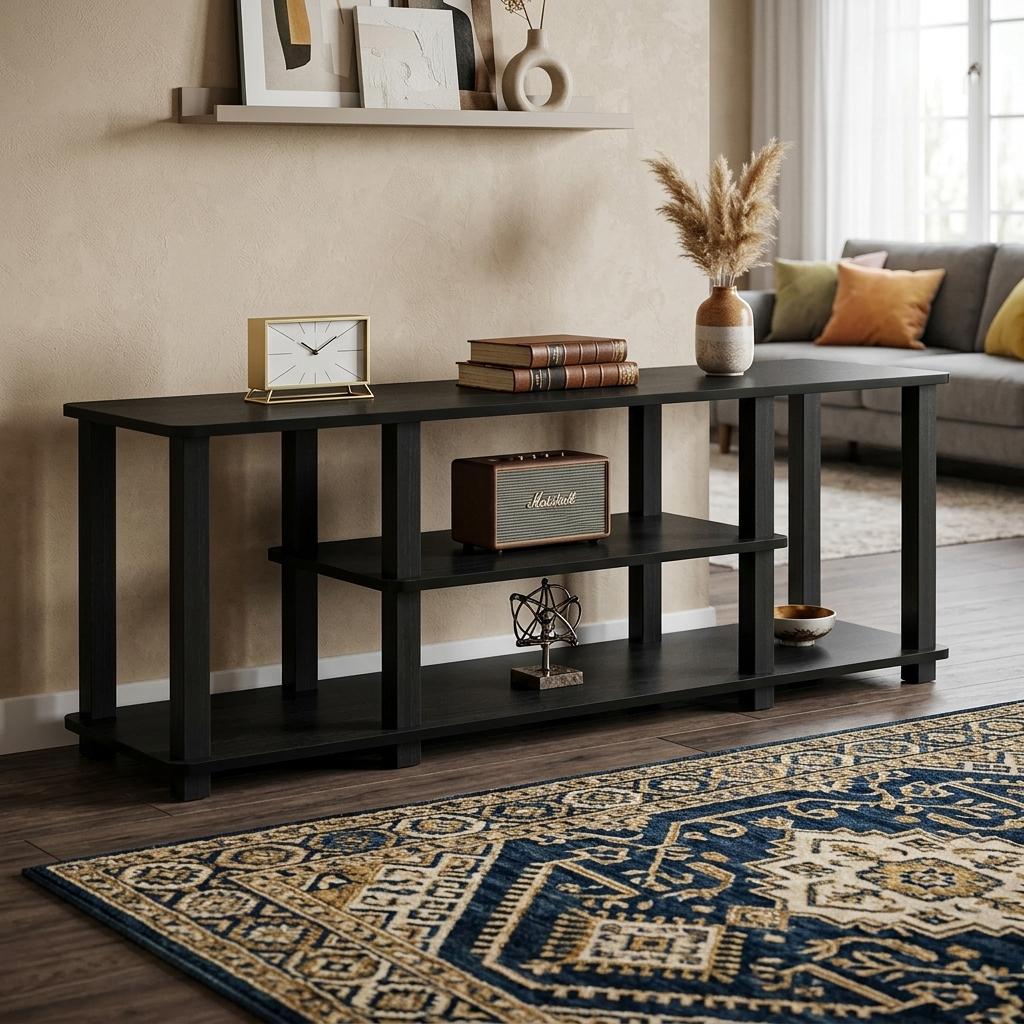 3-Tier 3D Entertainment TV Stand with Square Tube, No Tools Assembly Turn-S-Tube Design, Americano/Black Media Console