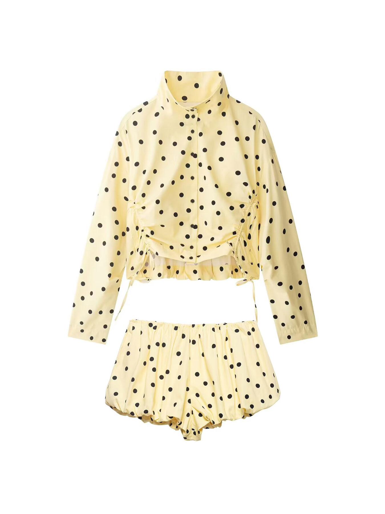 Women's Spring Summer Fashion Polka Dot Print Shorts Set, Long Sleeve Button Front Shirt Jacket, Elastic Waist Balloon Pants, Elegant Casual