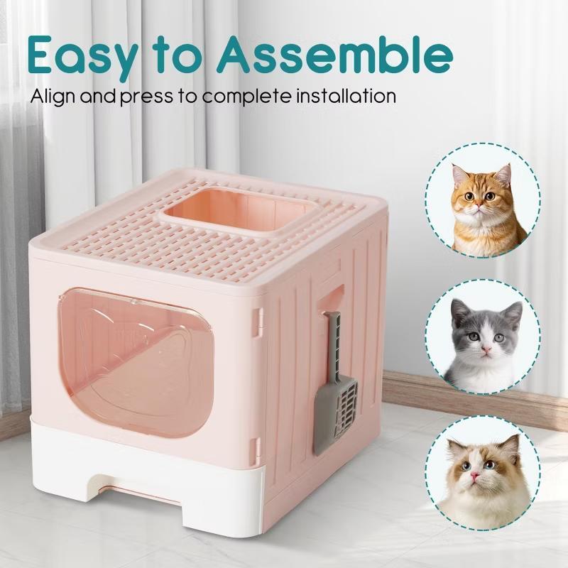 Large Foldable Covered Cat Litter Box with Drawer Design, Includes Free Cat Litter Scoop, Anti-Splashing and Odor-Locking Structure, Easy-to-Clean Pull-Out Tray, Foldable for Space-Saving Storage