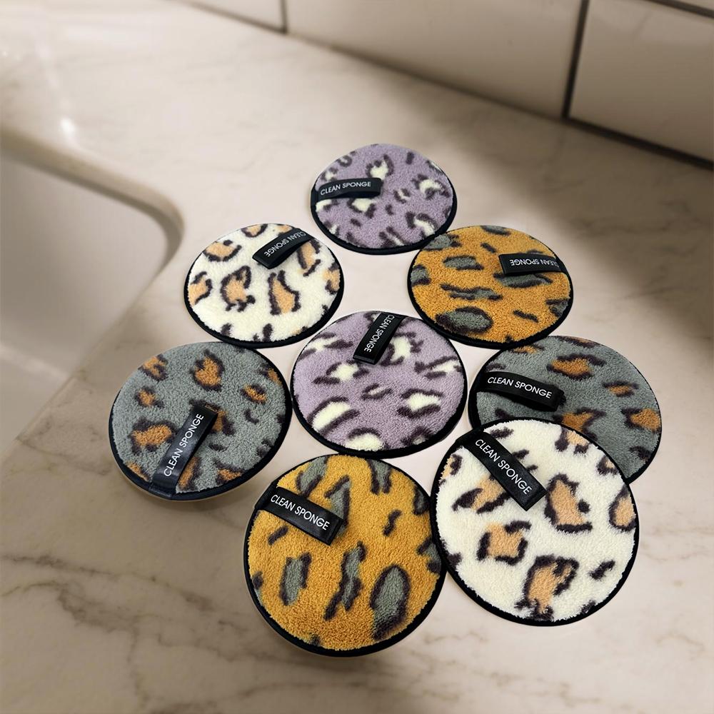 4pcs Makeup Remover Face Puffs, Leopard print Cleansing Makeup Remover pad, Reusable Washable Facial Cleansing Pads Wet And Dry Dual Use