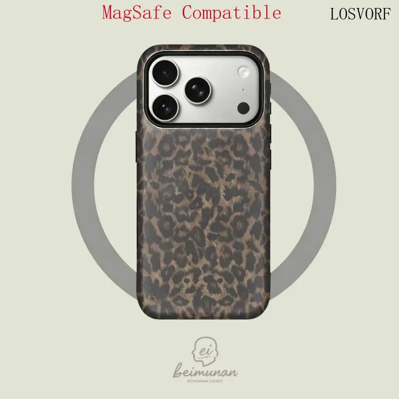 LOSVORF Magnetic 2-in-1 Durable Smartphone Case - Retro Brown & Black Leopard Print Protective Shell, Sports-Ready Shockproof Cover for iPhone 17/16/15/14/13/12/11 Pro Max/Plus/Pro, 12 Mini, Contemporary Art Stylish Phone Accessory Birthday Gift