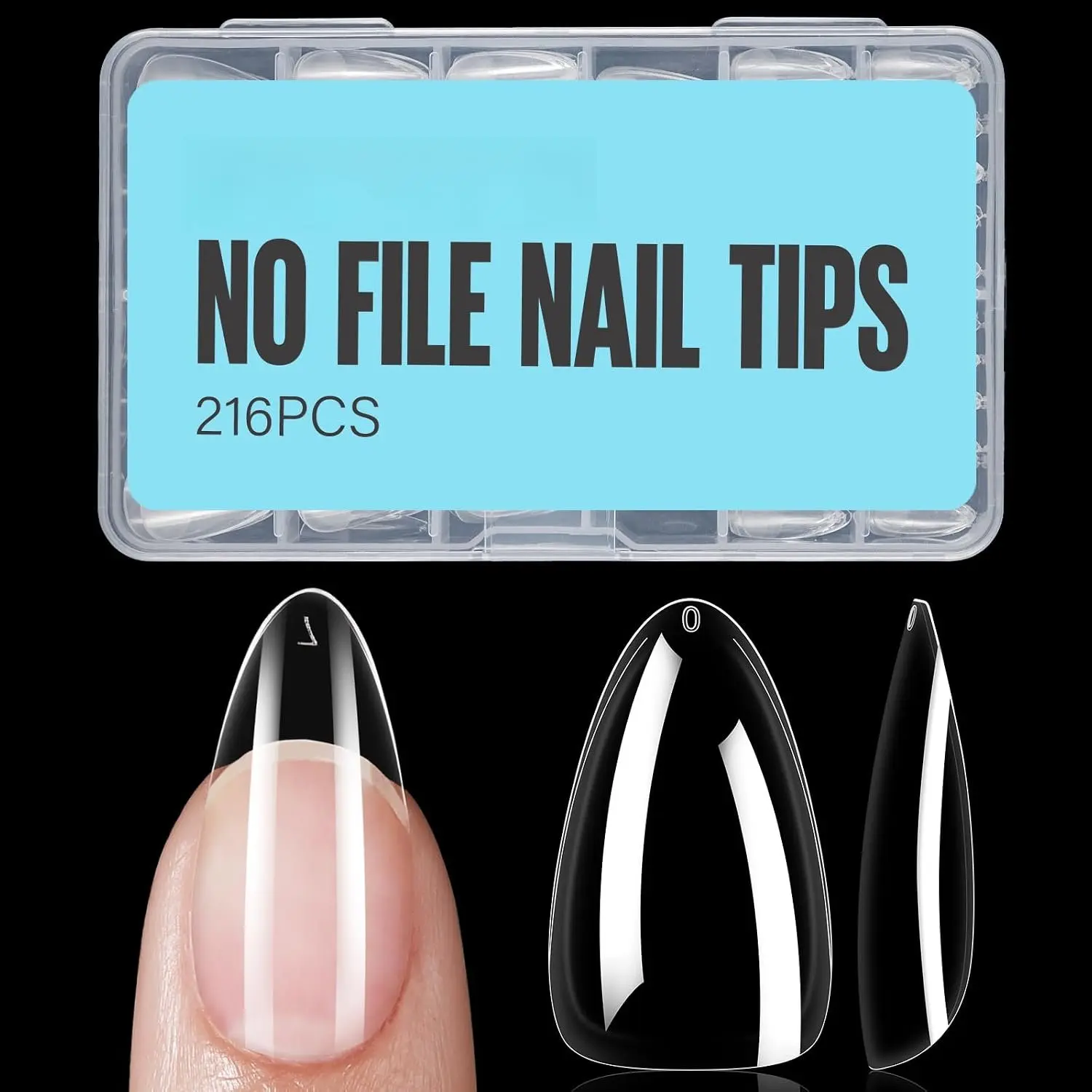 Almond  Tips, Medium Almond   Tips, 216 count Full Cover Clear Nails,  Extension Tips for  salon and DIY at