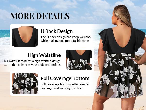 Yonique Plus Size One Piece Swimsuit for Women Tummy Control Swimdress Ruffle Sleeve Bathing Suit