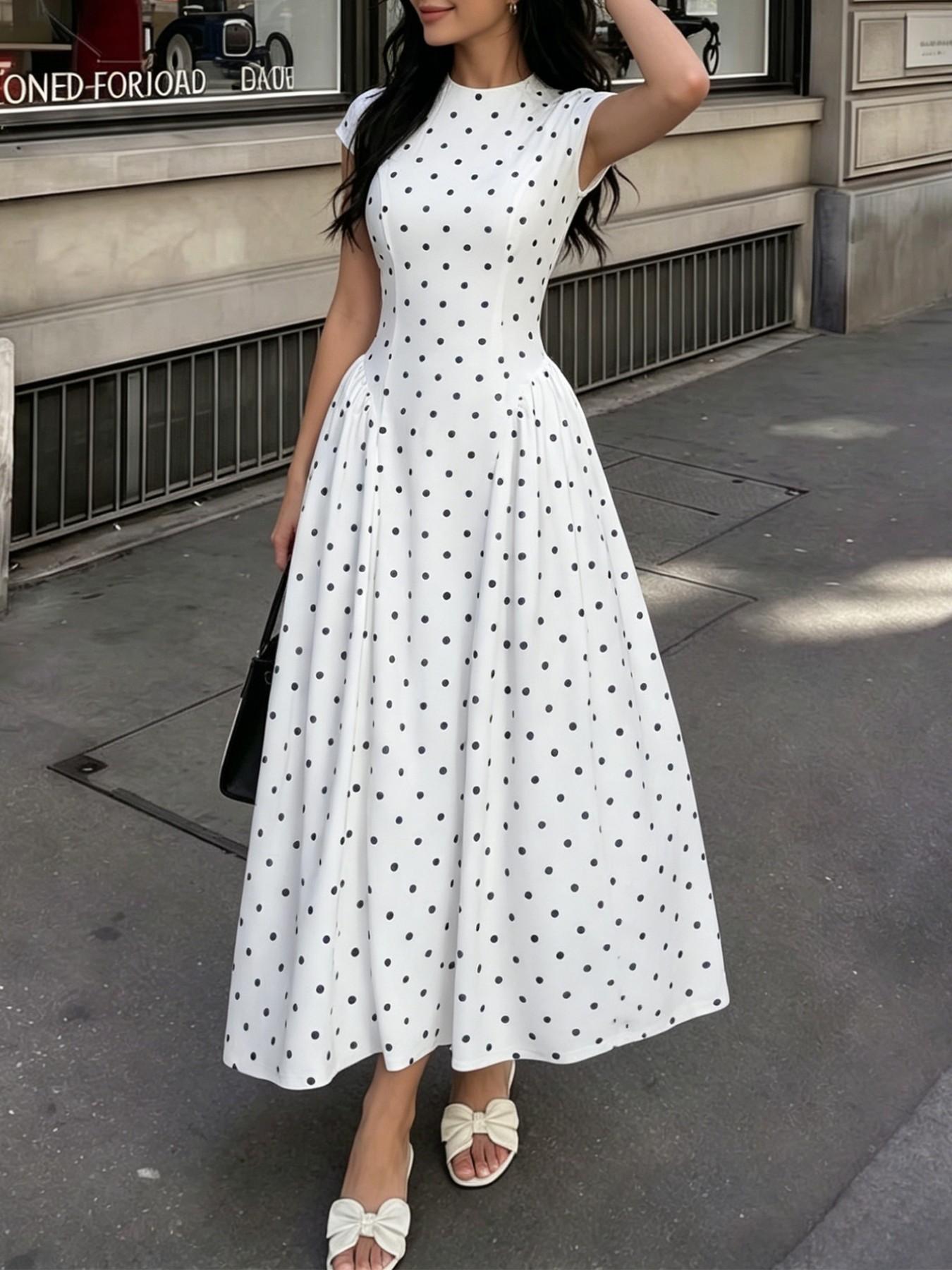 White Polka Dot Cap Sleeve Maxi Dress Women Round Neck A-Line Full Skirt Elegant Boho Formal Party Dress Wedding Guest Outfit Summer Going Out Fashion, Wedding Guest Dresses, Womenswear