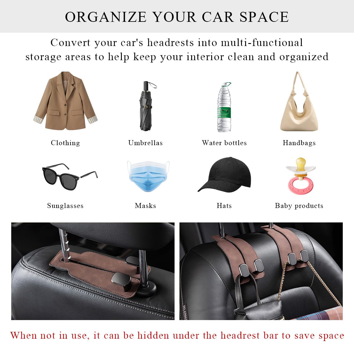 2 Pack Car Seats Hooks for Headrest, 2-in-1 Premium Leather Car Headrest Hanger with Metal Hooks, Car Seat Back Storage Hooks for Purses, Handbags, Phone (Black)