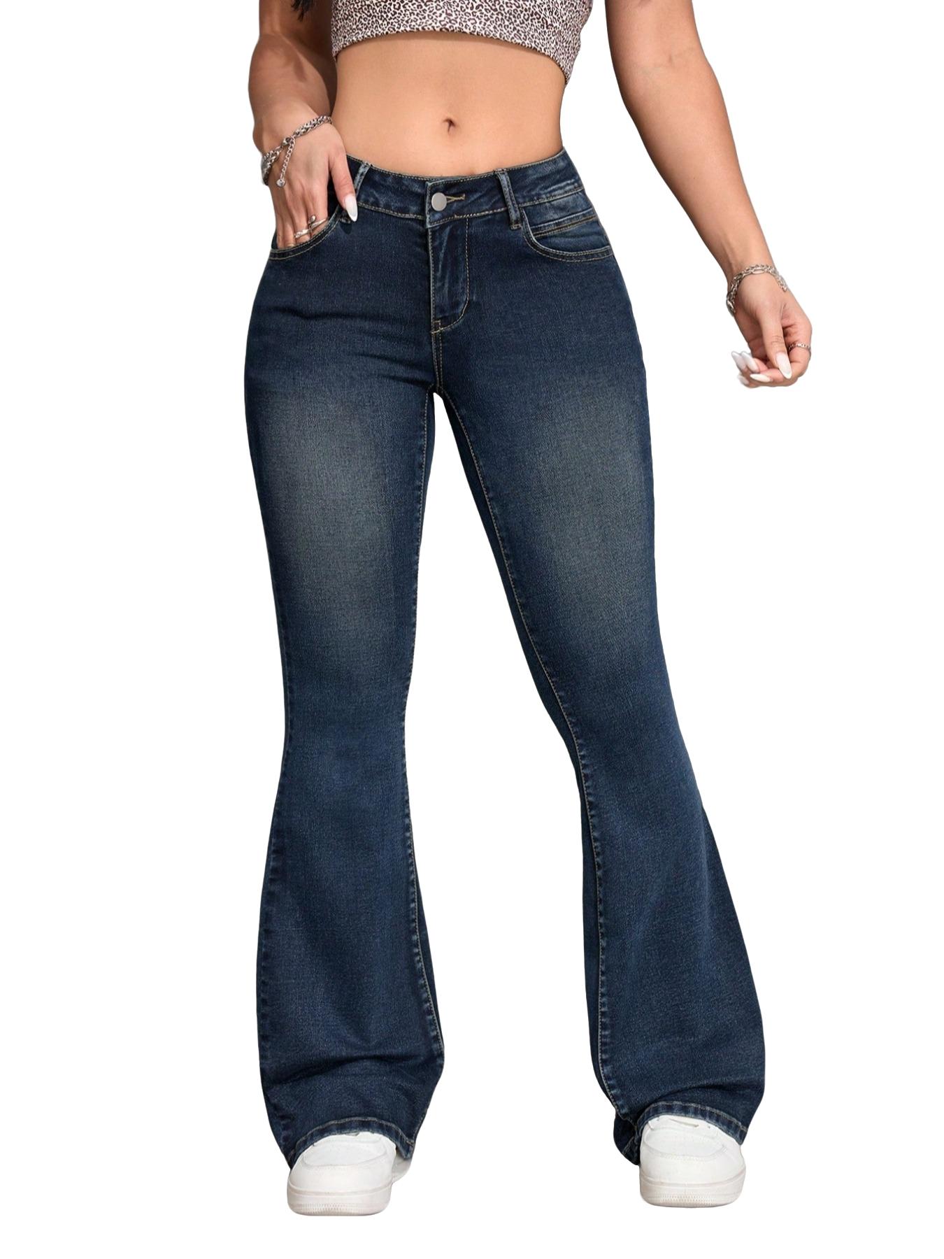 Plus Size Pocket Flare Leg Jeans, Casual Button Fly Bell Bottom Denim Pants, Women's Bottoms Fit for Daily Wear