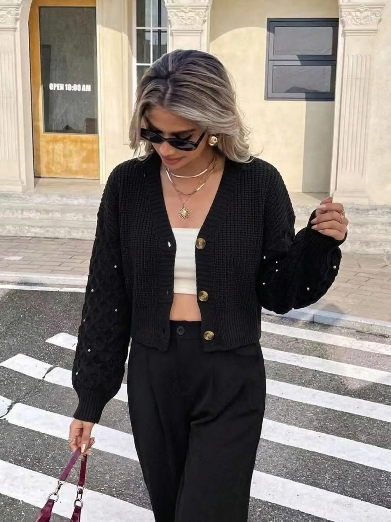 Elegant Casual Fashion Rhinestone Cable Knit Cardigan, V Neck Button Cropped Sweater, Winter Party Office for Women, Knitwear