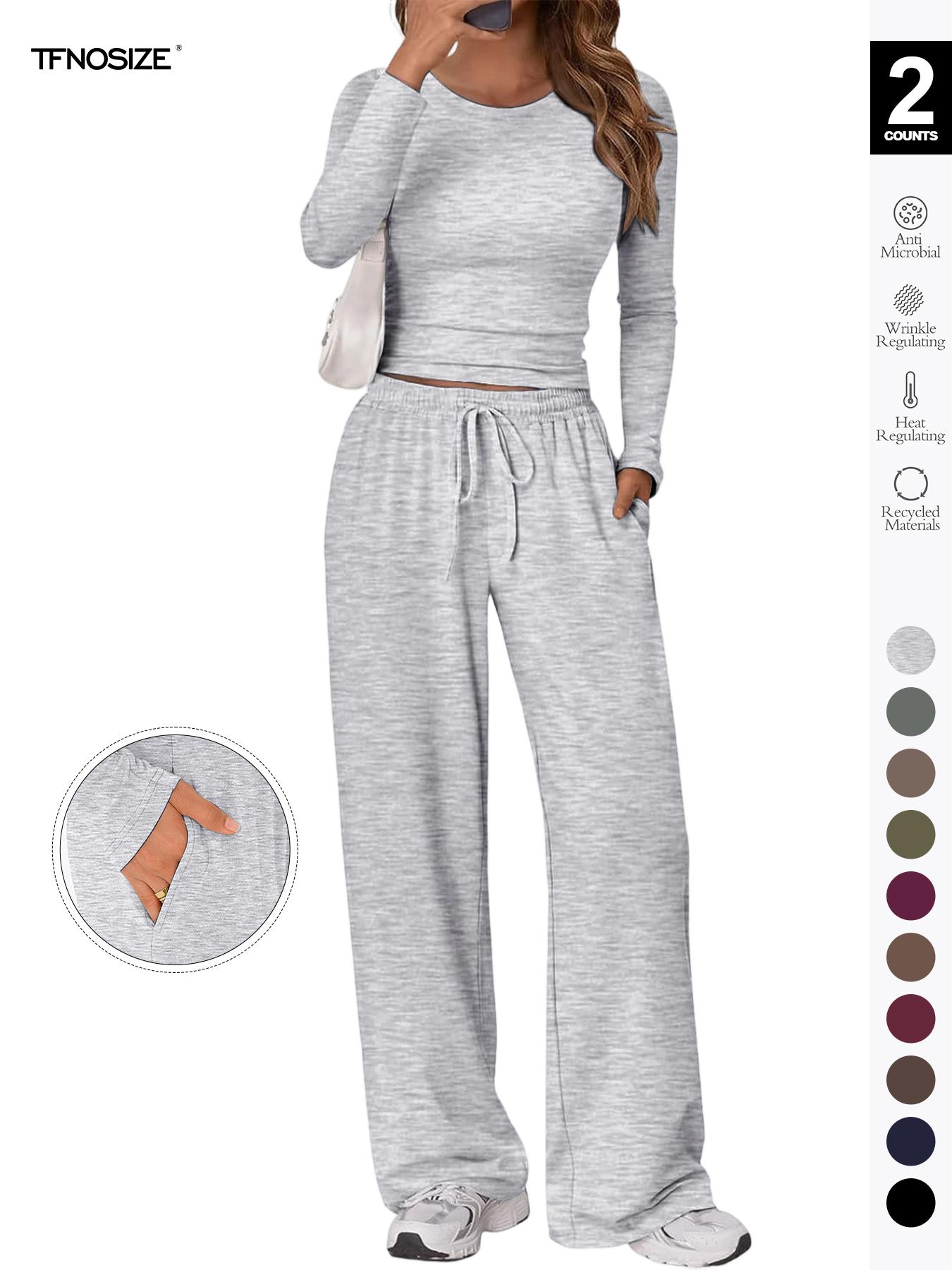Women's 2 Piece Matching Loungewear Set, Long Sleeve Slightly Crop Fitted Top & Wide Leg Drawstring Pants, Casual Sweatsuit for Fall & Winter