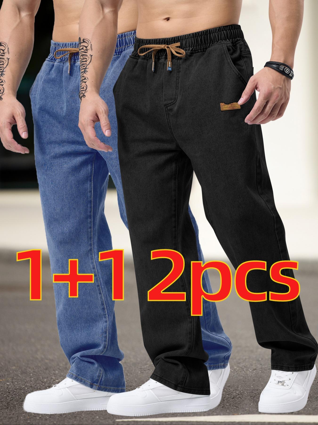 Men's Drawstring Elastic Waist Washed Straight Leg Jeans, & Blue, 2 Piece Set, Casual Daily Wear, All Seasons