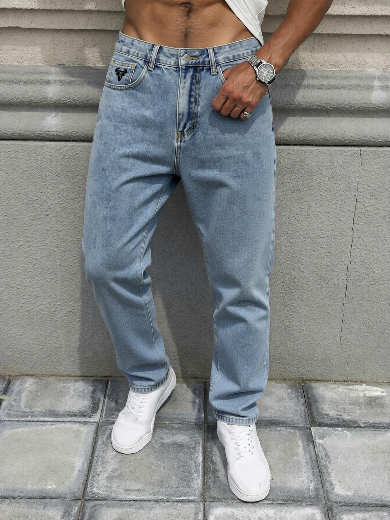 Men's straight-leg jeans, washed and distressed, with embroidered logo details. High-street casual denim pants with a comfortable regular fit. Suitable for daily casual wear, urban street style, and dating fashion looks. A must-have trendy men's pants 🔥