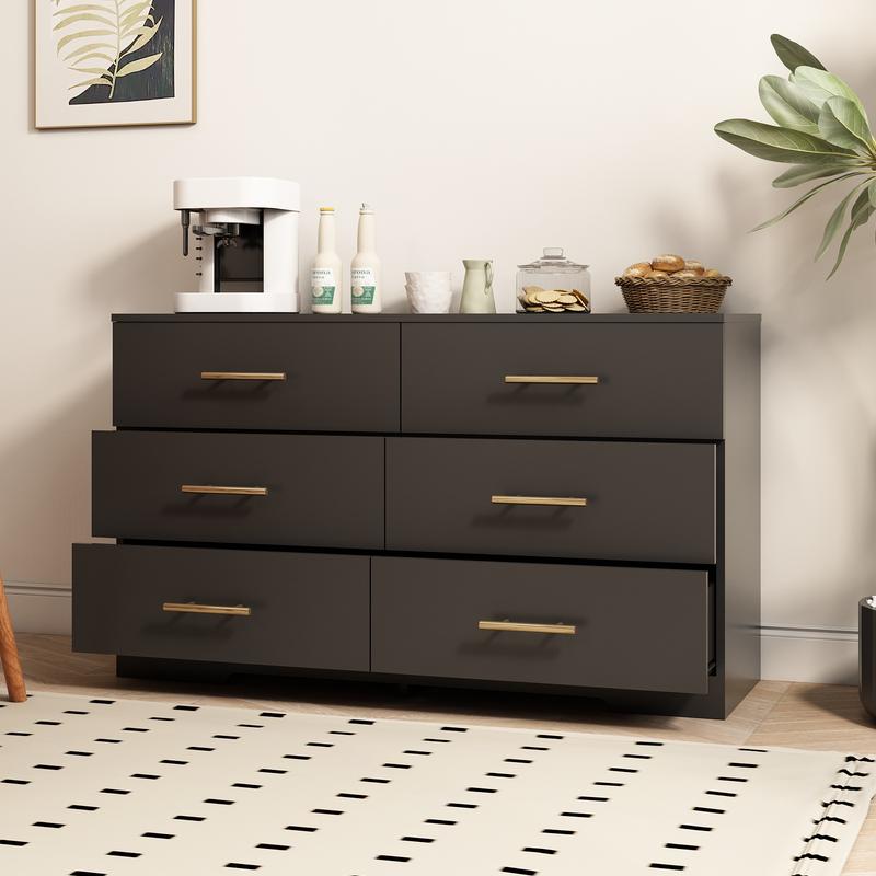 6 Drawer Dresser with Gold Handles for Bedroom, Modern Wide Chest of Drawers with Sturdy Frame for Living Room, TV Stand with Drawers Storage Cabinet Furniture for Closet Beside Living Room,Black Aesthetic Interior